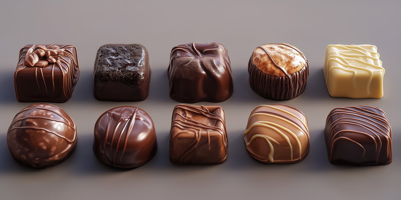 Assortment of gourmet chocolates arranged neatly on a gray background showcasing various textures and designs